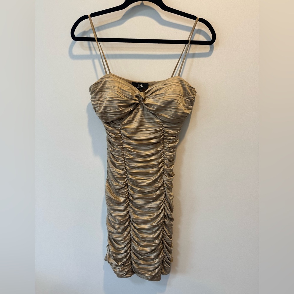 I.N. San Francisco Metallic Gold Ruched Mini Dress
